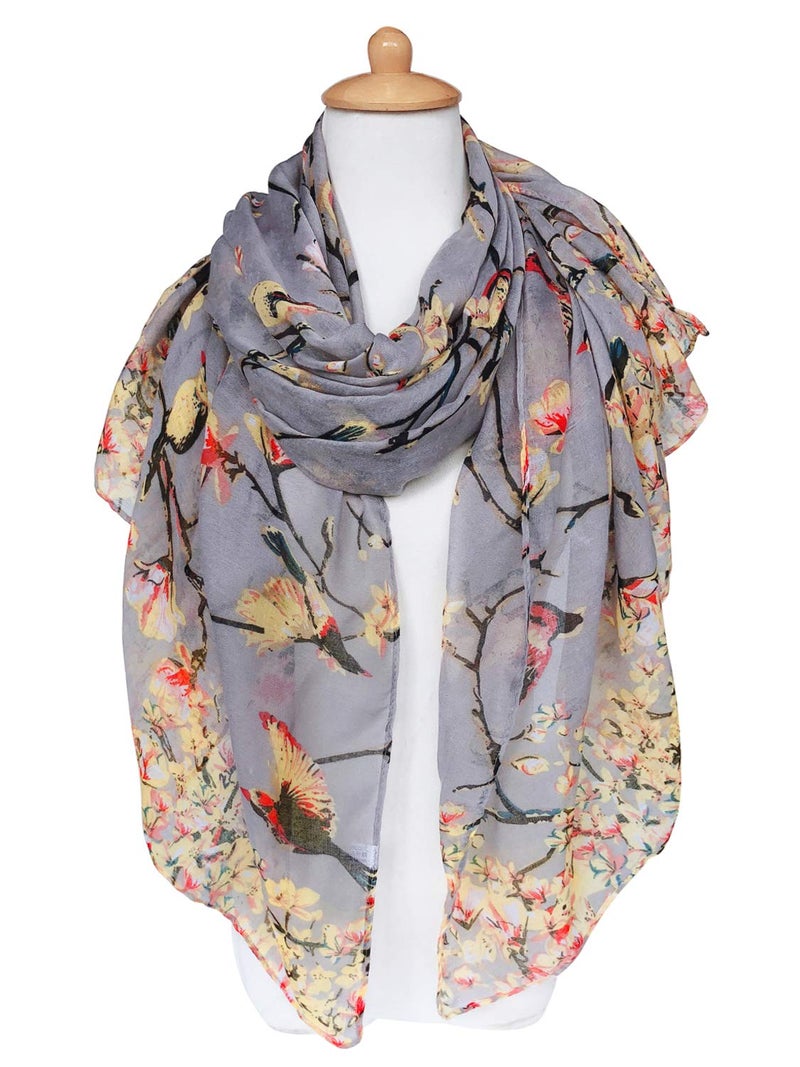 GERINLY Floral Birds Work Scarves for Womens Lightweight Cotton Shawls and Wraps Soft Thin Neckwear Head Scarf (Grey) - Image 2